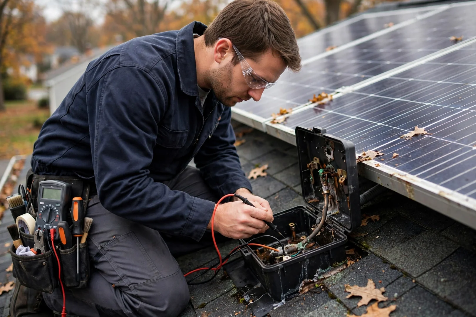 Installer testing wiring connections on a residential solar battery and inverter panel